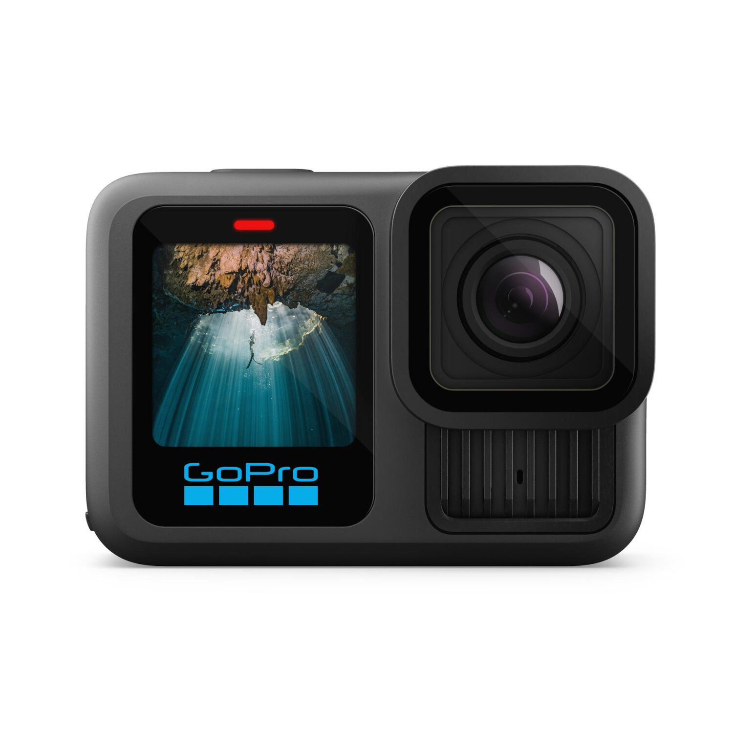 GoPro Hero 13 Black actiecamera, close-up met verbeterd ontwerp en groot scherm voor en achter.